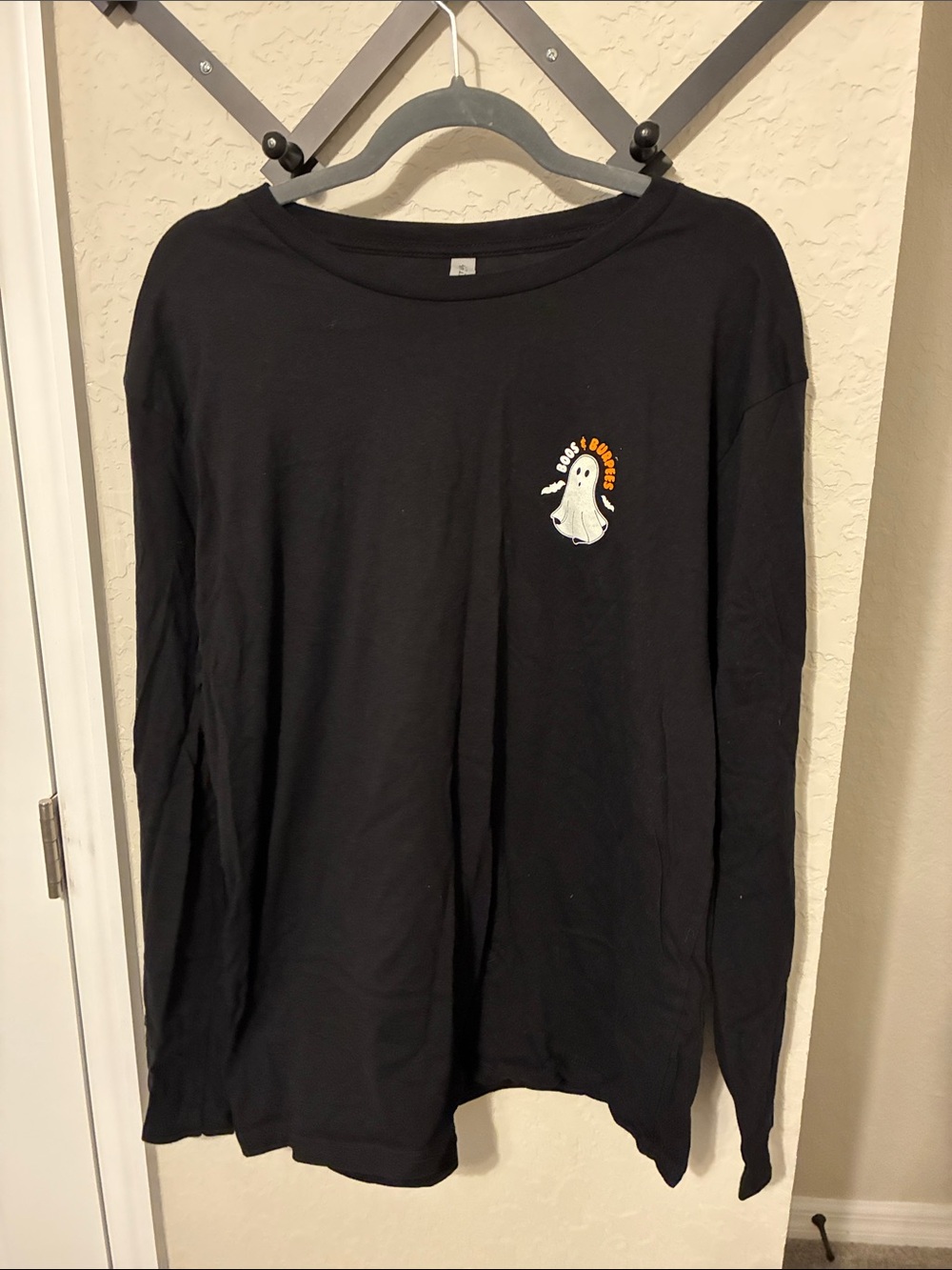 Black Long-Sleeve Tee with Small Ghost Graphic